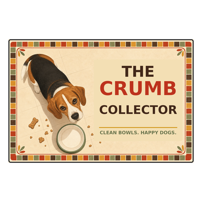 The Crumb Collector dog food mat artwork with Clean Bowls. Happy Dogs. wording