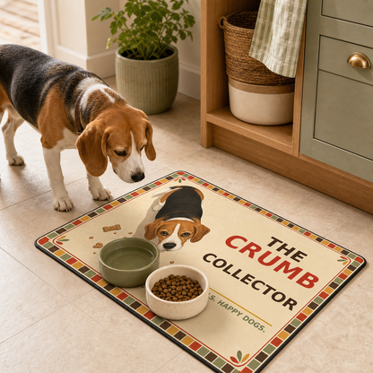 The Crumb Collector 60 x 40 cm dog food mat with bowls and a beagle