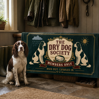 The Dry Dog Society dog towel in a refined British boot room after a wet walk