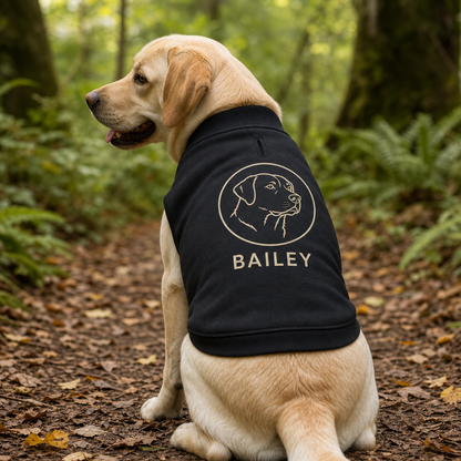 Black personalised dog varsity jacket with a custom Bailey portrait design