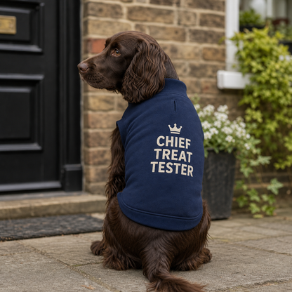 Navy personalised dog varsity jacket with a custom Chief Treat Tester design