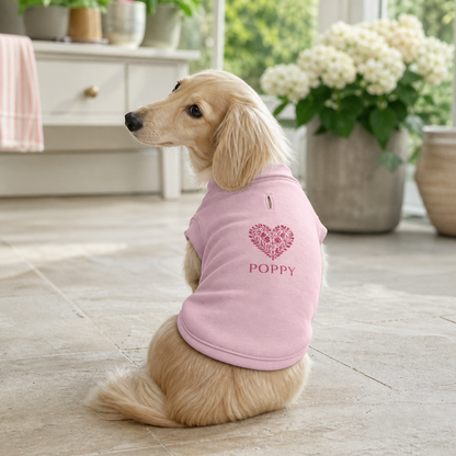 Pink personalised dog varsity jacket with a custom Poppy design