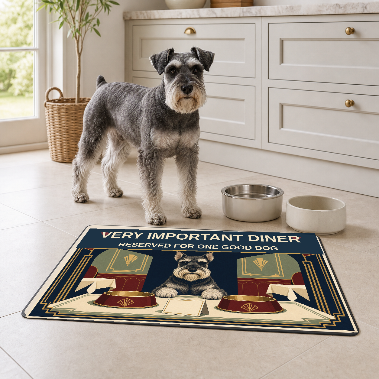 Very Important Diner 60 x 40 cm dog food mat with two bowls and a miniature schnauzer