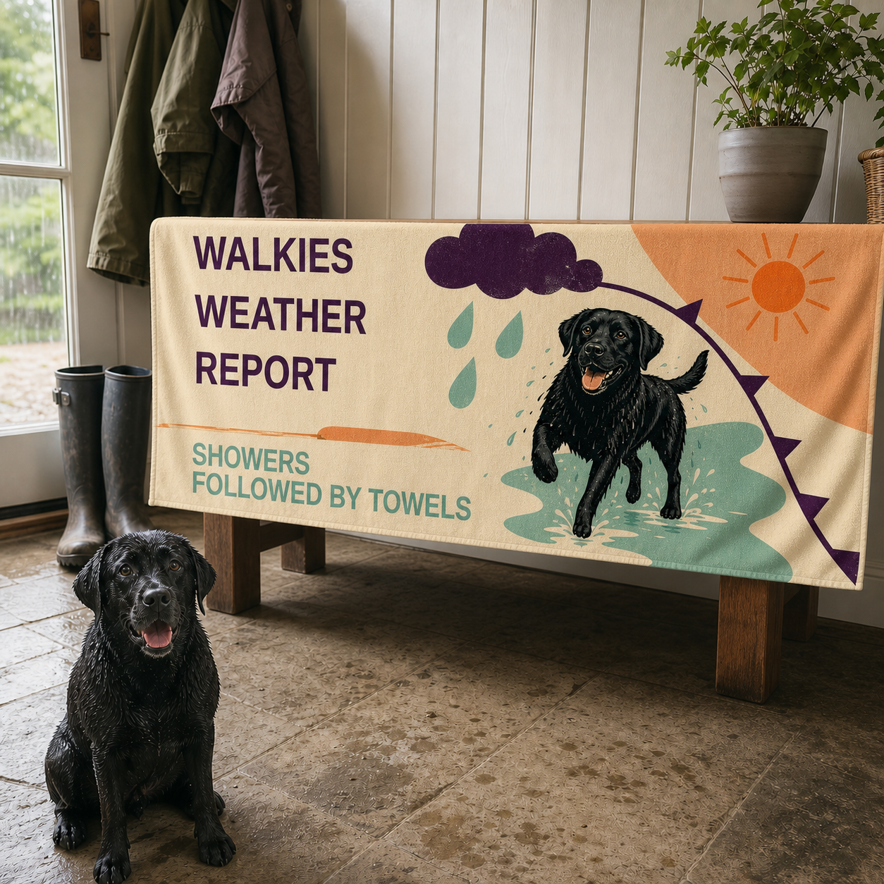 Walkies Weather Report dog towel in a bright British post walk utility room