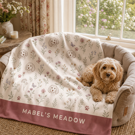Personalised Wildflower Wanderer dog blanket in a cottage dog bed