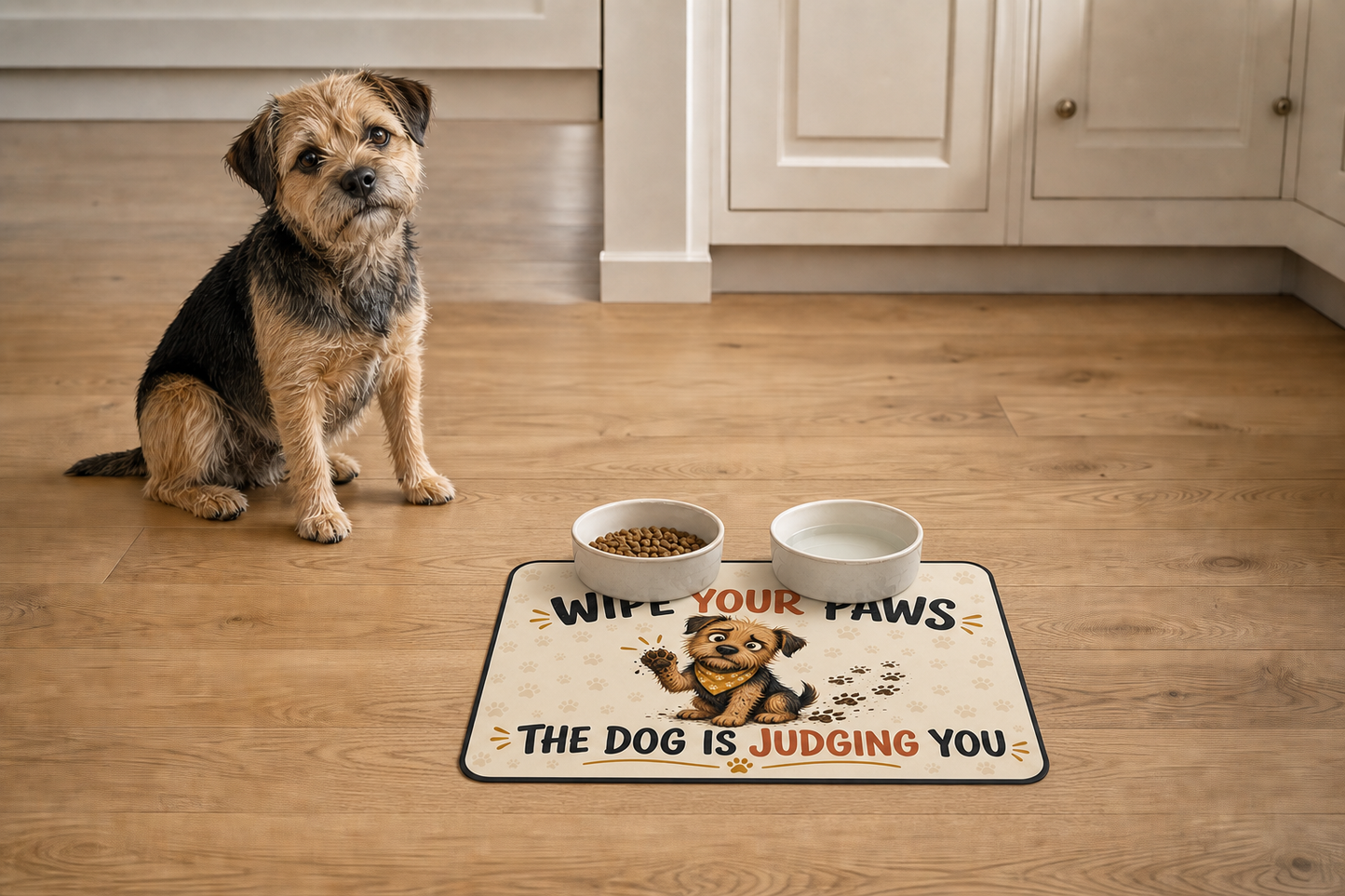 Compact 60 x 40 cm Wipe Your Paws dog food mat with two bowls