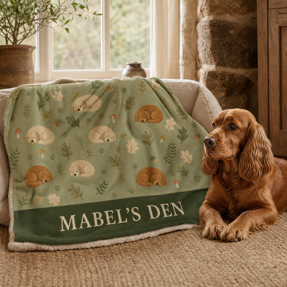 Personalised Woodland Dreamer dog blanket with a rust spaniel
