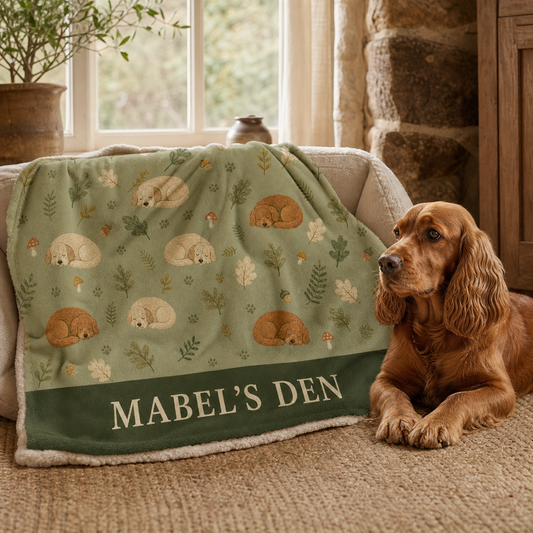 Personalised Woodland Dreamer dog blanket with a rust spaniel
