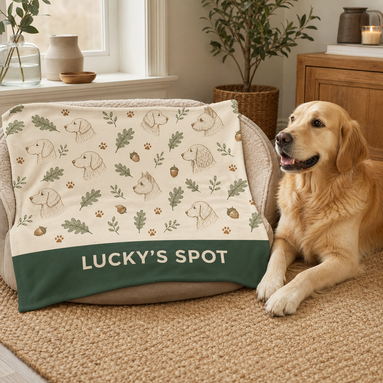 Personalised Woodland Walkies dog blanket in a cosy dog bed